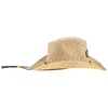 A natural straw cowboy hat with a wide brim, chin cord, and a small decorative patch on the crown, shown on a white background.