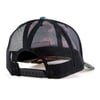 A black mesh trucker hat shown from the back, featuring an adjustable snapback closure and a multicolored brim.