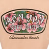 Logo with pink hibiscus flowers reads Ron Jon Surf Shop and Clearwater Beach below, on a beige background.