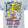 A T-shirt features a graphic of a surfer on a wave, with palm trees and sun, and the text Ron Jon Surf Shop below.
