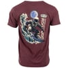 Back view of a maroon T-shirt featuring an astronaut surfing a wave with a yin-yang symbol above, and the text Ron Jon Surf Shop Cocoa Beach.
