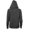 Back view of a plain, dark gray hooded sweatshirt with long sleeves.