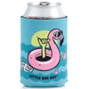 A beverage can in a blue coozie featuring a pink flamingo with sunglasses and an extended green hand making a shaka sign, against a sun and wave background.