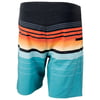Colorful striped board shorts featuring horizontal stripes in shades of black, orange, white, and teal, with a small pocket on the side.