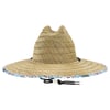 Straw hat with a wide brim featuring a colorful patterned edge and an adjustable black chin strap.