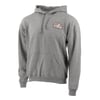 A gray gun metal hooded sweatshirt with a front pouch pocket and a small Ron Jon Surf Shop logo patch on the left chest.