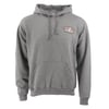 A gray gun metal hooded sweatshirt with a front pouch pocket and a small Ron Jon Surf Shop logo patch on the left chest.