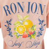 Peach-colored shirt featuring Ron Jon Surf Shop text with illustrations of oranges, lemons, and strawberries surrounded by floral designs.