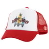 Red and white trucker hat with Ron Jon Surf Shop and surfboard graphics on the front. Red mesh back and adjustable strap.