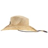 A straw cowboy hat with a wide brim and an adjustable chinstrap, shown against a white background.