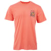 Coral-colored T-shirt with a small graphic and text on the left chest area.