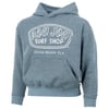 Blue hooded sweatshirt with Ron Jon Surf Shop and Cocoa Beach, Fla. printed in white on the front, and featuring a front pocket.