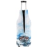 A glass bottle covered by a zippered blue-and-white bottle holder with ‚ÄúRon Jon Surf Shop‚Äù logo on the front.
