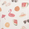 Cream background with illustrations of hats, umbrellas, watermelon slices, citrus halves, croissants, seashells, cinnamon rolls, and pink flamingos.