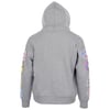 A grey hooded sweatshirt shown from the back, featuring various colorful patches on both sleeves.