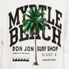 A graphic design with a palm tree and bold text reading Myrtle Beach Ron Jon Surf Shop with coordinates and wave symbol below.