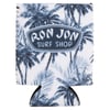 Blue and white beverage can cooler with palm tree print and a Ron Jon Surf Shop logo on the front.