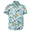 A short-sleeved, button-up shirt with a tropical print featuring waves, palm trees, and orange flowers on a light blue background.