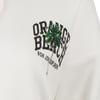 Close-up of a white hoodie with white drawstrings, featuring Orange Beach Ron Jon Surf text and a palm tree graphic on the chest.