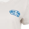 Close-up of a off white T-shirt with a Ron Jon Surf Shop logo in blue and white printed on the chest and inside the collar.