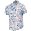 Short-sleeved shirt with a tropical pattern featuring birds, flowers, and leaves in pastel shades of blue, pink, and green.