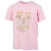 Pink T-shirt with Ron Jon text above a graphic of a skeleton surfing between palm trees, with flowers and a setting sun.