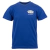A plain blue short-sleeve t-shirt with a small Ron Jon Surf Shop Cocoa Beach, Fla logo on the left chest.