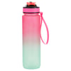 A pink and green ombre water bottle with a pink lid and strap.