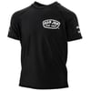 Black short-sleeve rash guard with Ron Jon Surf Shop logo on the chest and white graphics on both sleeves, displayed on a plain background.