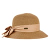 Beige woven hat with a ribbon and bow, featuring a small metallic label on the band.