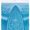 A blue beach towel with a surfboard design, featuring intricate patterns and the text Ron Jon Surf Shop at the center.