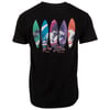 Black t-shirt featuring a design of five colorful surfboards with palm tree illustrations and the text Ron Jon Surf Shop Cocoa Beach.