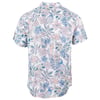 Back view of a short-sleeve shirt featuring a pattern of colorful birds and tropical flowers in pastel shades of blue, pink, and green on a white background.