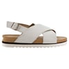 White sandal with crisscross straps and buckle, tan insole, and white ridged sole. Side view on white background.