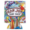 A colorful drink coozie featuring a Ron Jon Surf Shop logo, a parrot, surfboards, and a vibrant beach-themed design with sun and waves.