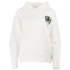 White hooded sweatshirt with front pocket and small Myrtle Beach, South Carolina text and palm tree graphic on the left chest.
