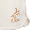 Close-up of a beige fabric with a simple turtle design and the text RON JON in brown.