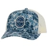Blue and white floral-patterned trucker hat with a circular Ron Jon Surf Shop logo patch on the front. Mesh back with a snapback closure.
