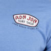 Close-up of a blue shirt featuring a Ron Jon Surf Shop logo and Long Beach Island, NJ text printed on the chest.