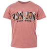 Dusty pink t-shirt with Ron Jon Surf Shop text in black, adorned with white flowers and orange illustrations.