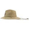 Wide-brimmed straw hat with a chin strap and a small patch on the front, shown in a side profile against a white background.