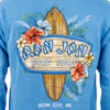 Blue shirt featuring a Ron Jon Surf Shop logo with a surfboard and tropical flowers. Text reads Ocean City, MD.