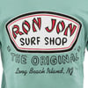 Close-up of a green shirt featuring a Ron Jon Surf Shop logo and text stating The Original Long Beach Island, NJ.