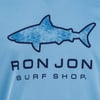 Blue silhouette of a shark above the text Ron Jon Surf Shop printed on a light blue background.