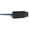 Close up of the black bicep cuff with light blue accents attached to a blue bodyboard leash.
