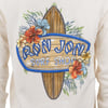 Back of a hoodie featuring a Ron Jon Surf Shop logo with colorful flowers and a surfboard, text says Myrtle Beach.