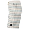 Side view of beige and light blue striped shorts with a drawstring waist and a circular logo patch near the hem.