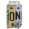 A beverage can inside a holder decorated with designs resembling colorful license plates and the word SURF spelled out at the bottom.