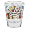Shot glass with Ron Jon Surf Shop logo, decorated with colorful beach-themed illustrations, including sun, waves, and tiki masks.