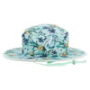 Light teal bucket hat with wide brim and tropical floral fish pattern. It features an adjustable strap.